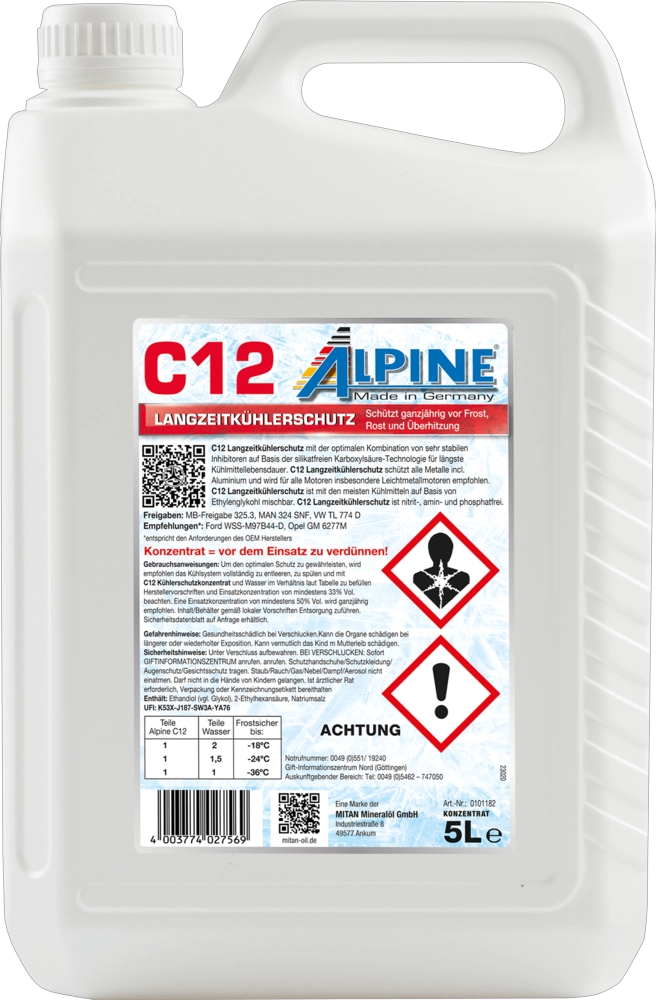 Alpine langzeit-kuhlerfrostschutz rot (g12) 5l mb 325.3 man 324 snf vw tl 774 d/f. антифриз цвет к ALPINE 0101182