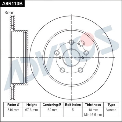 Диск тормозной зад ADVICS A6R113B