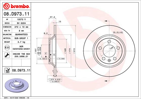 Диск тормозной задний BREMBO 08.D973.11