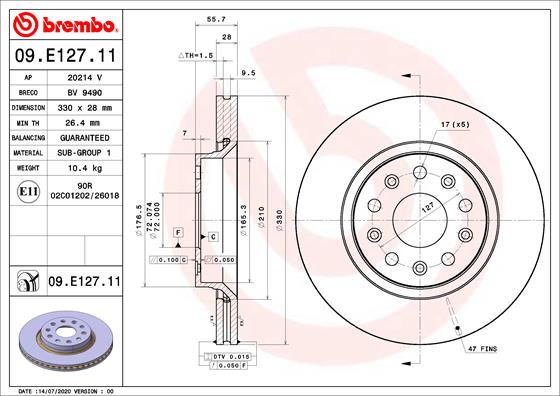 Диск тормозной передний BREMBO 09.E127.11