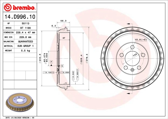 Brake drum BREMBO 14.D996.10