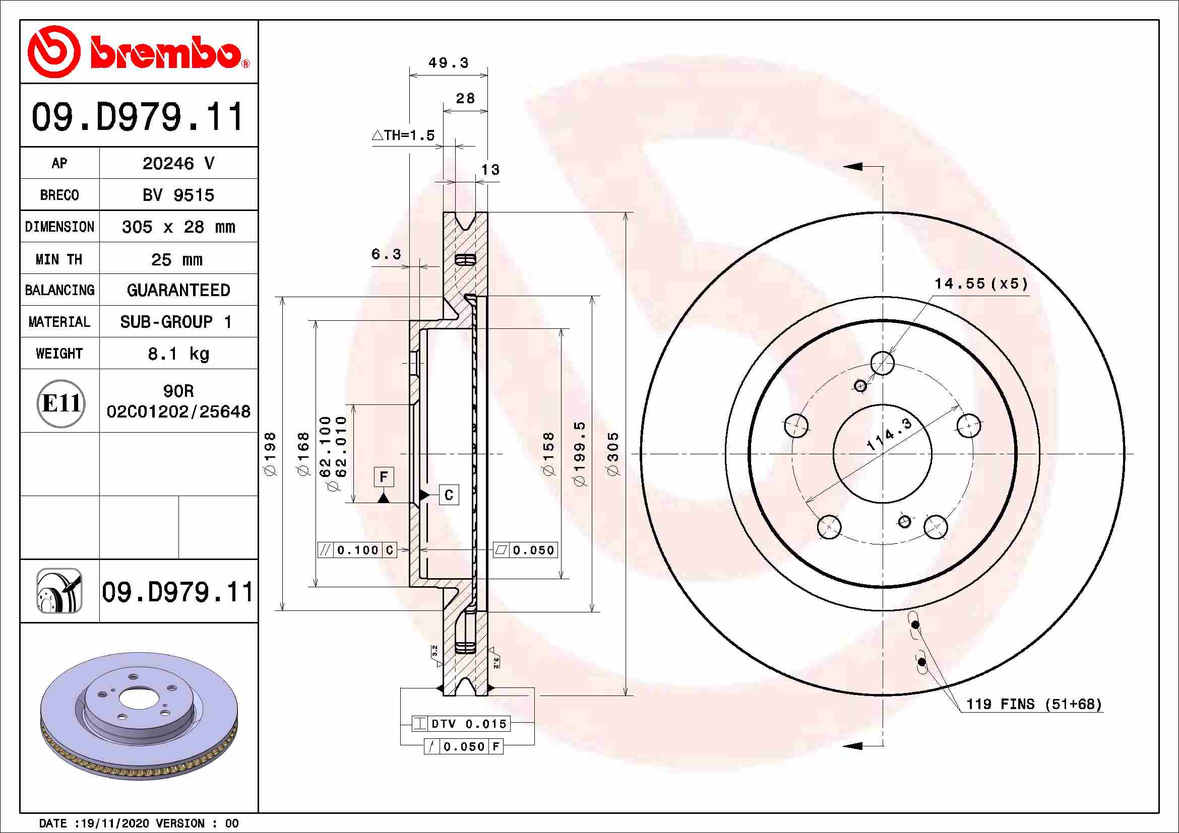 ( 09.d979.11 ) тормозной диск BREMBO 09.D979.11