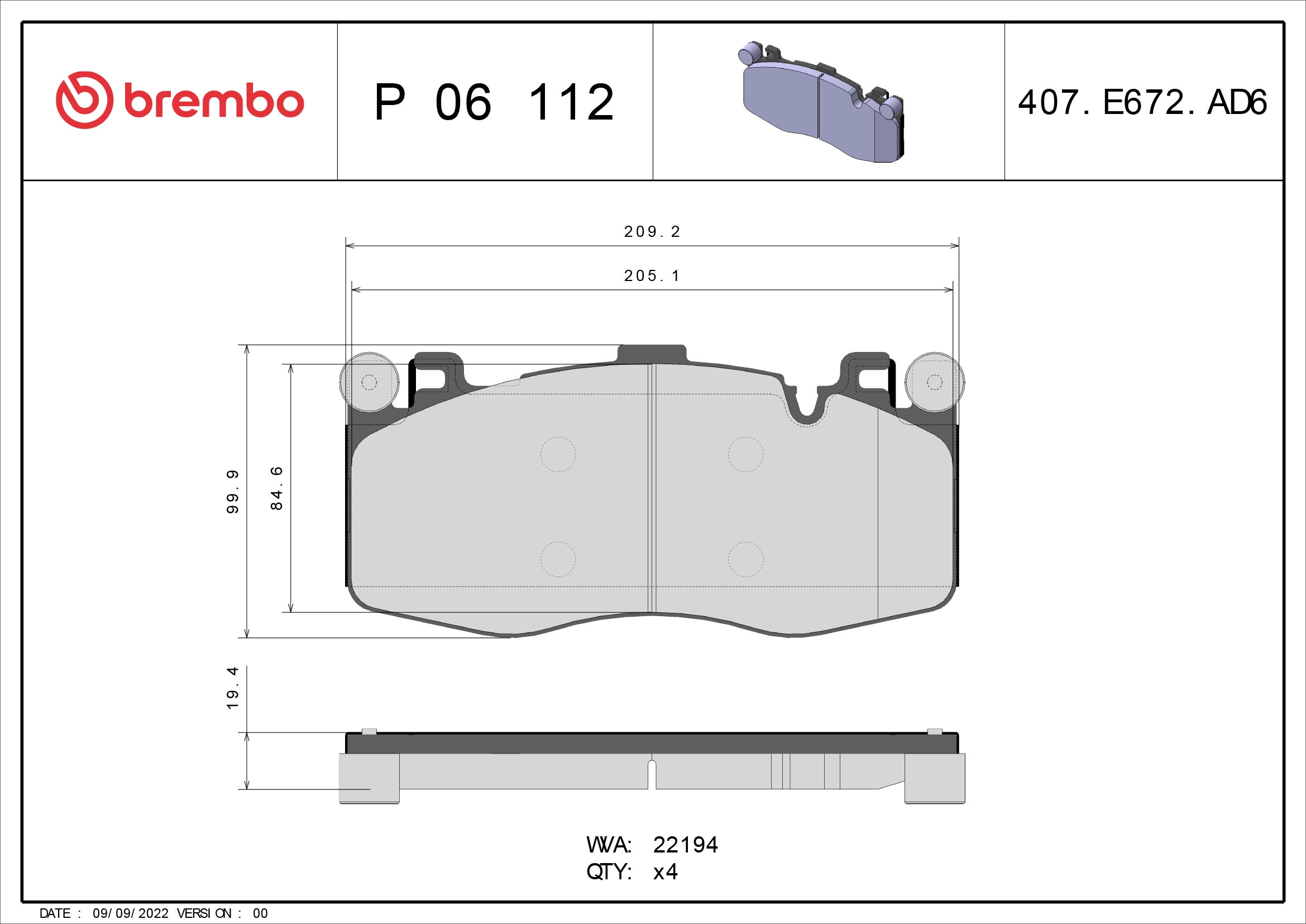 Колодки тормозные дисковые комплект BREMBO P06112