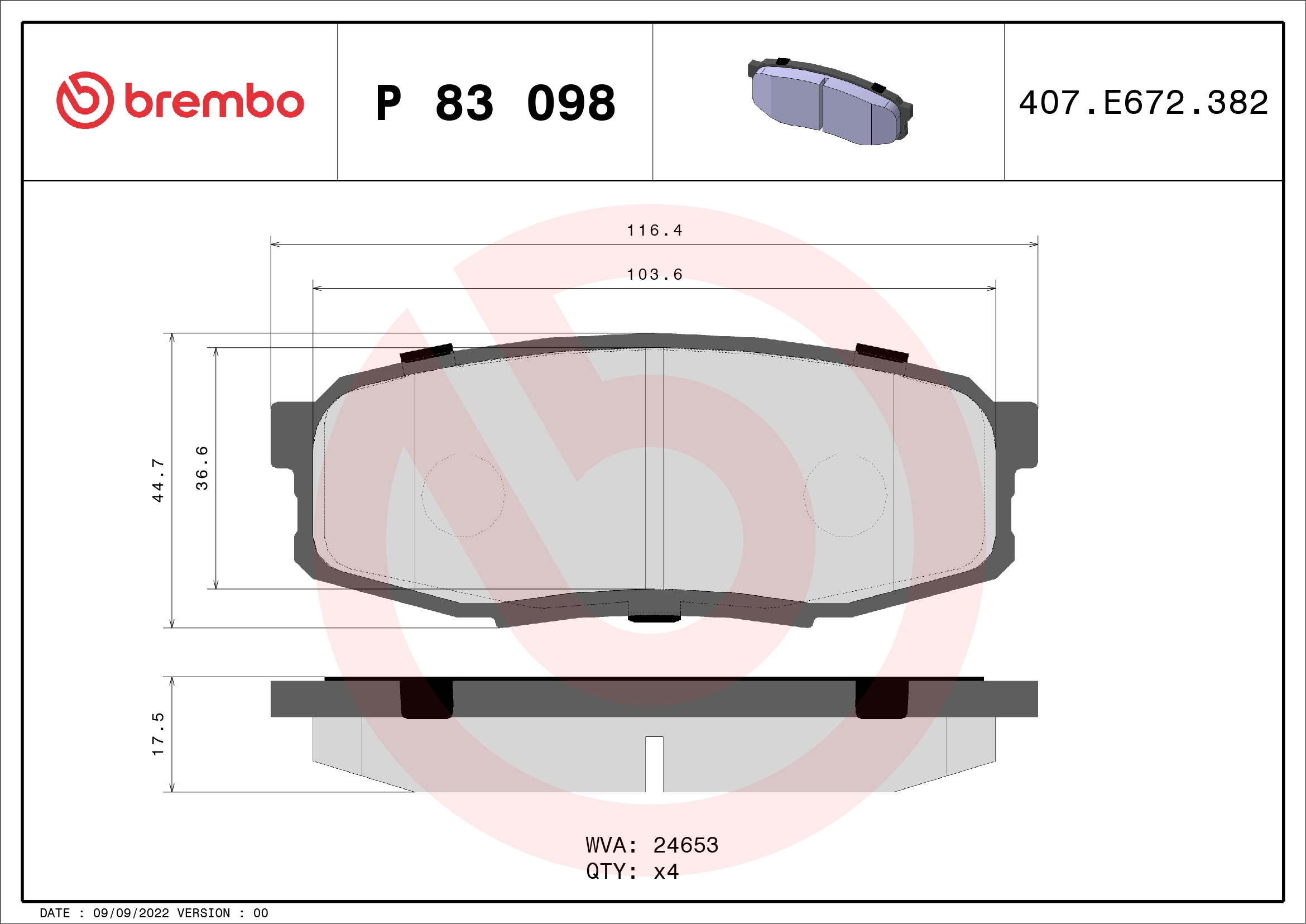 Колодки тормозные дисковые комплект BREMBO P83098X