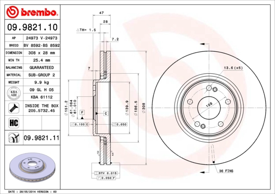 Диск тормозной BREMBO 09.9821.10