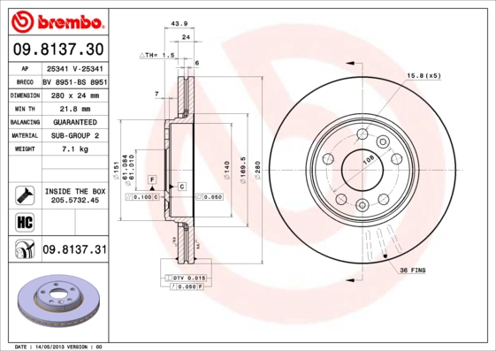 Диск тормозной BREMBO 09.8137.30