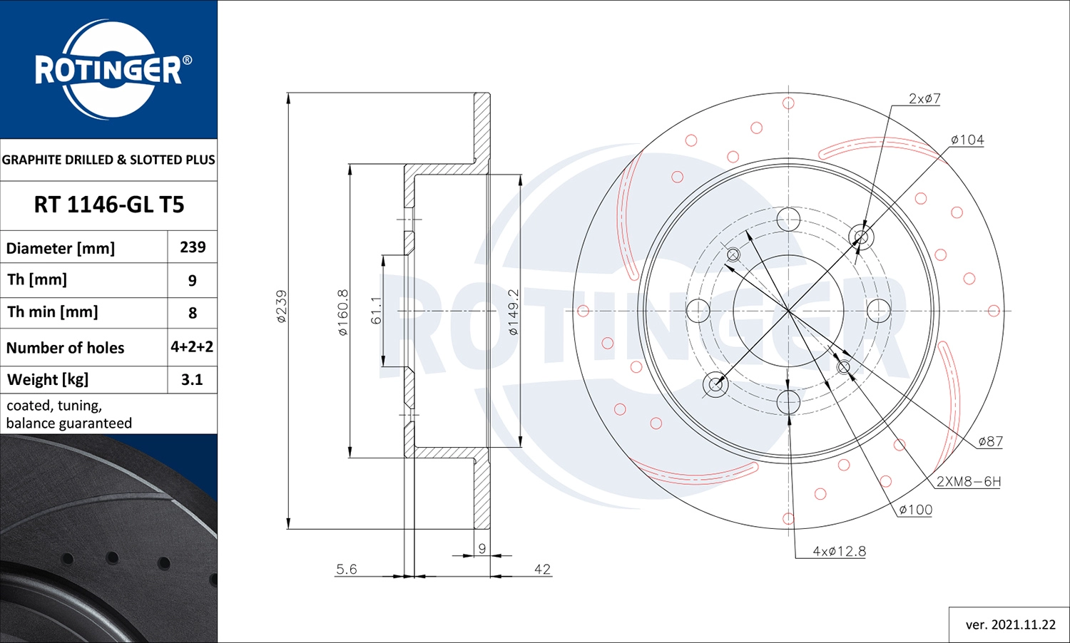 Тормозной диск graphite drilled slotted plus ROTINGER RT 1146-GL T5