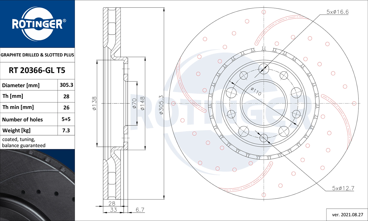 Тормозной диск graphite drilled slotted plus ROTINGER RT 20366-GL T5