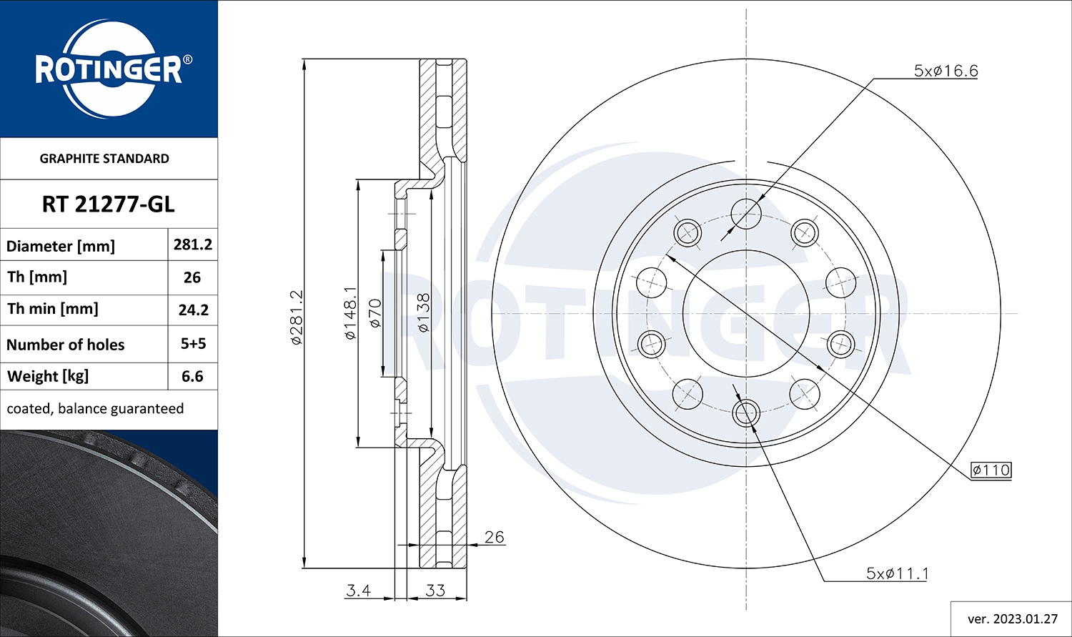 Тормозной диск graphite line ROTINGER RT 21277-GL