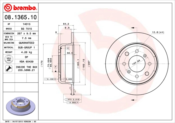 Тормозной диск prime line BREMBO 08.1365.10