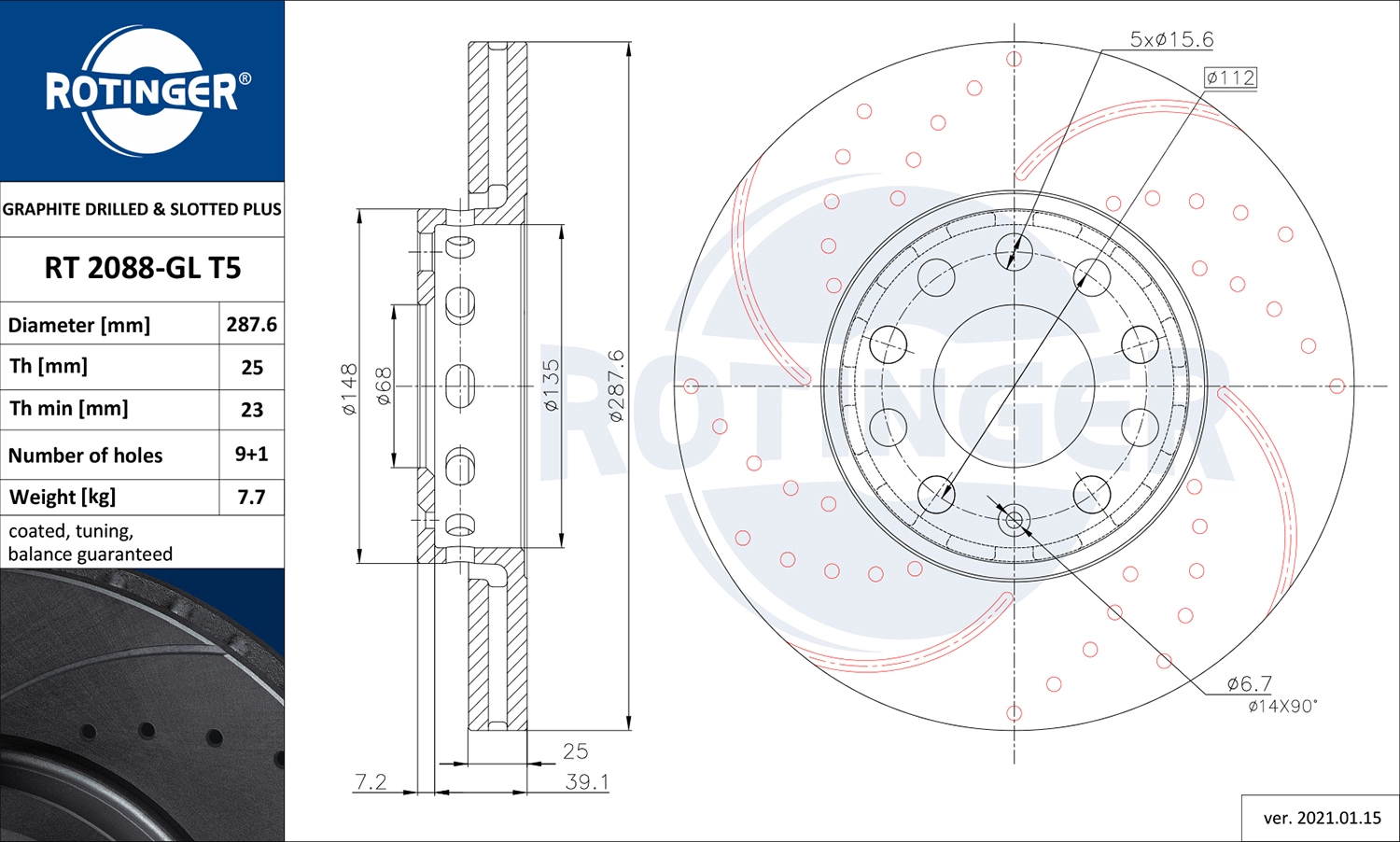Тормозной диск graphite drilled slotted plus ROTINGER RT 2088-GL T5