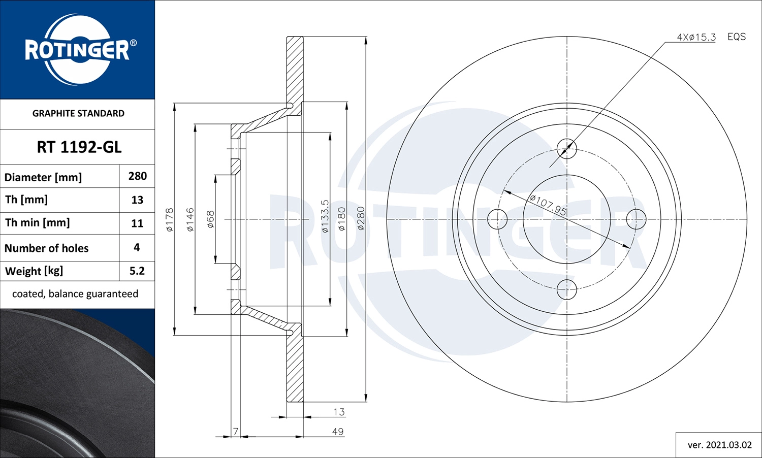 Тормозной диск graphite line ROTINGER RT 1192-GL