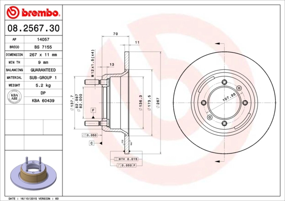 Тормозной диск prime line BREMBO 08.2567.30