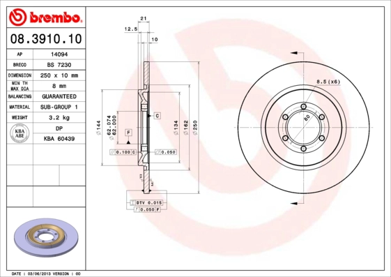 Тормозной диск prime line BREMBO 08.3910.10