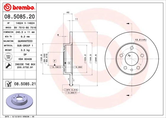 Тормозной диск prime line BREMBO 08.5085.20