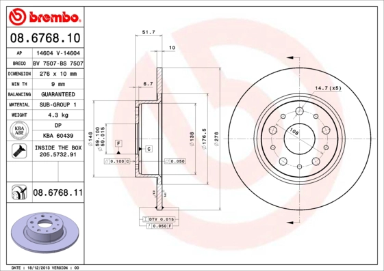 Тормозной диск prime line BREMBO 08.6768.10