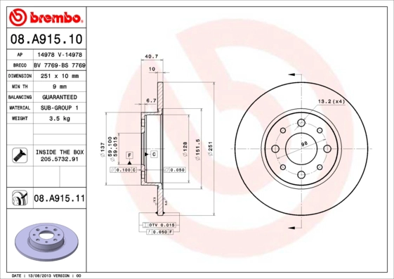 Тормозной диск prime line BREMBO 08.A915.10