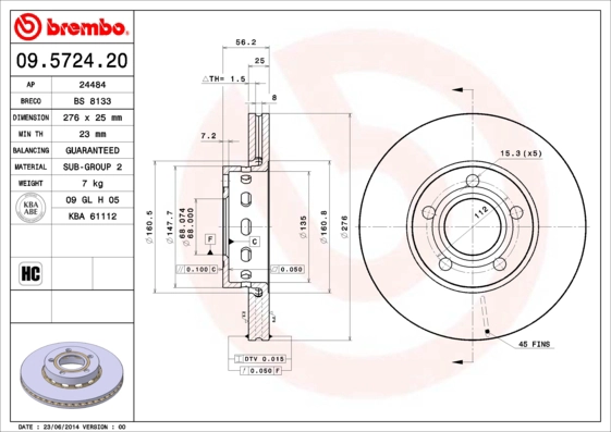Тормозной диск prime line BREMBO 09.5724.20