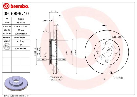 Тормозной диск prime line BREMBO 09.6896.10