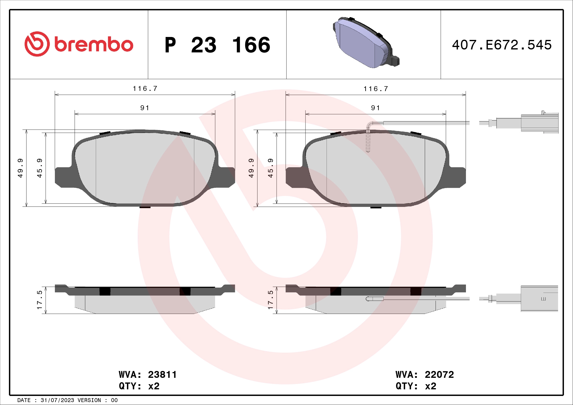 Комплект тормозных колодок дисковый тормоз prime line BREMBO P 23 166