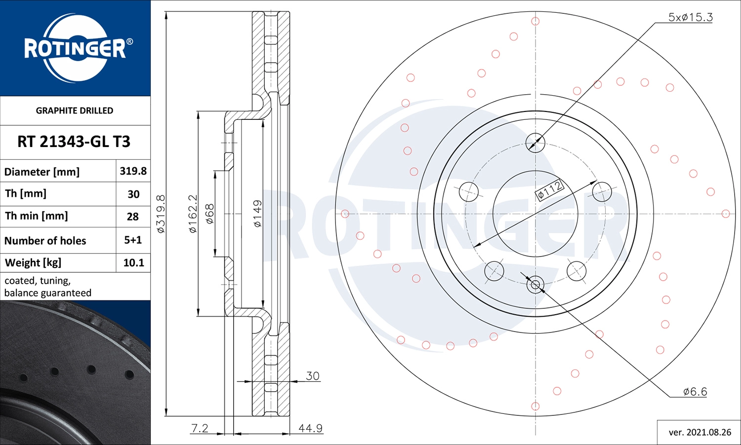 Тормозной диск graphite drilled ROTINGER RT 21343-GL T3