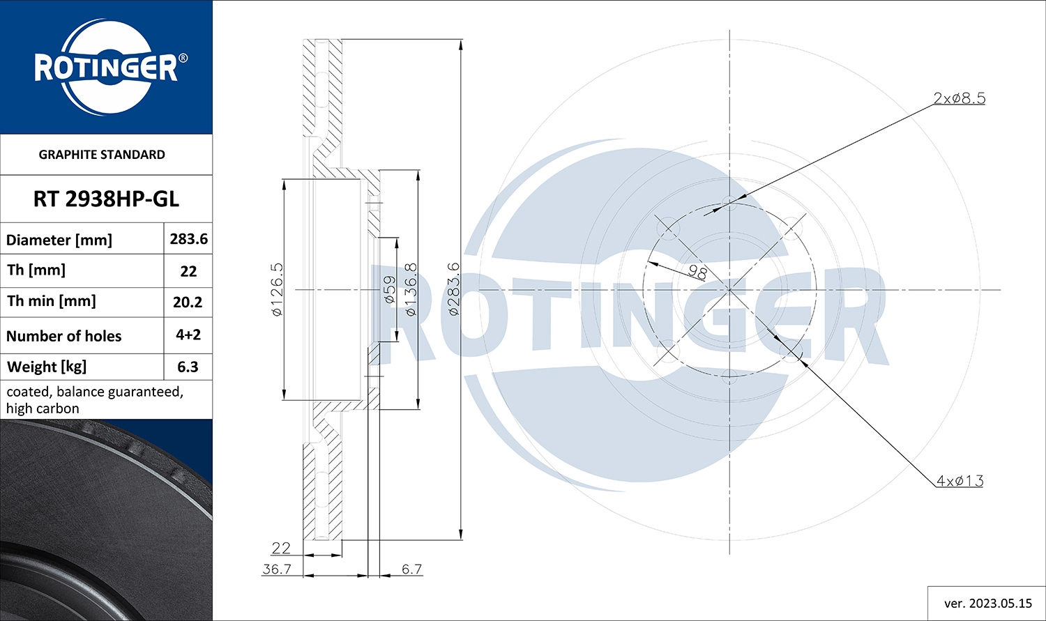 Тормозной диск graphite line ROTINGER RT 2938HP-GL