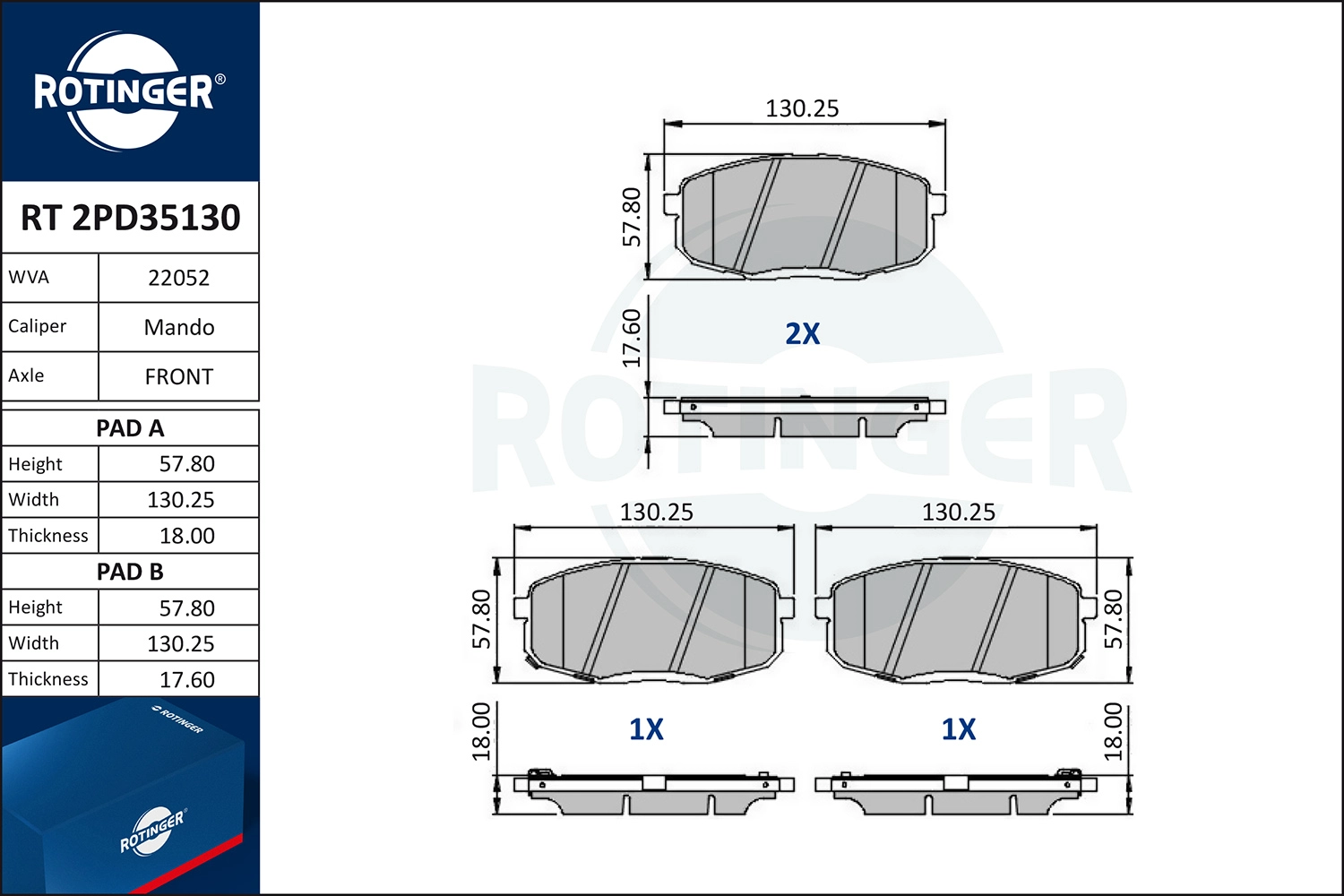 Комплект тормозных колодок дисковый тормоз ROTINGER RT 2PD35130