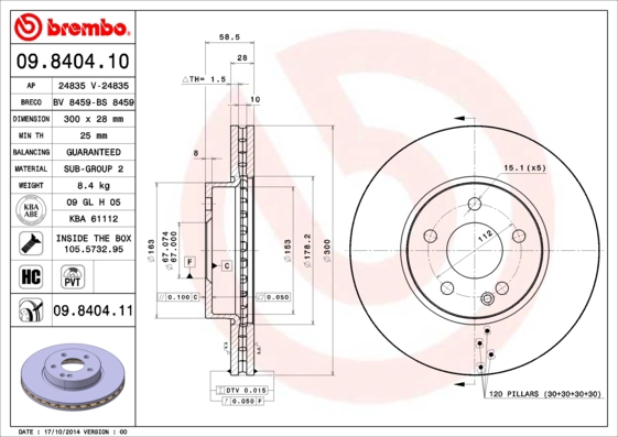 Тормозной диск prime line BREMBO 09.8404.10