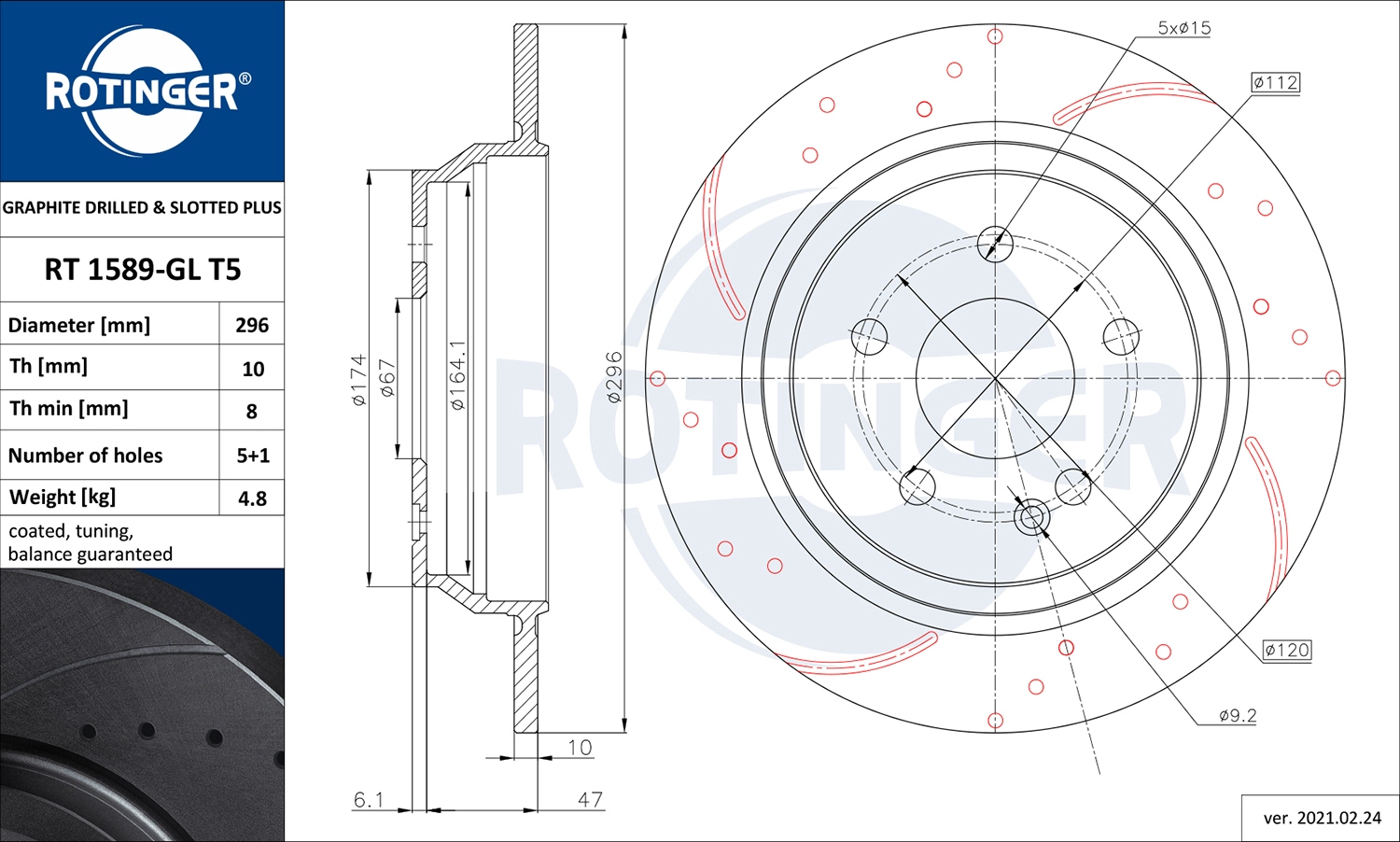 Тормозной диск graphite drilled slotted plus ROTINGER RT 1589-GL T5