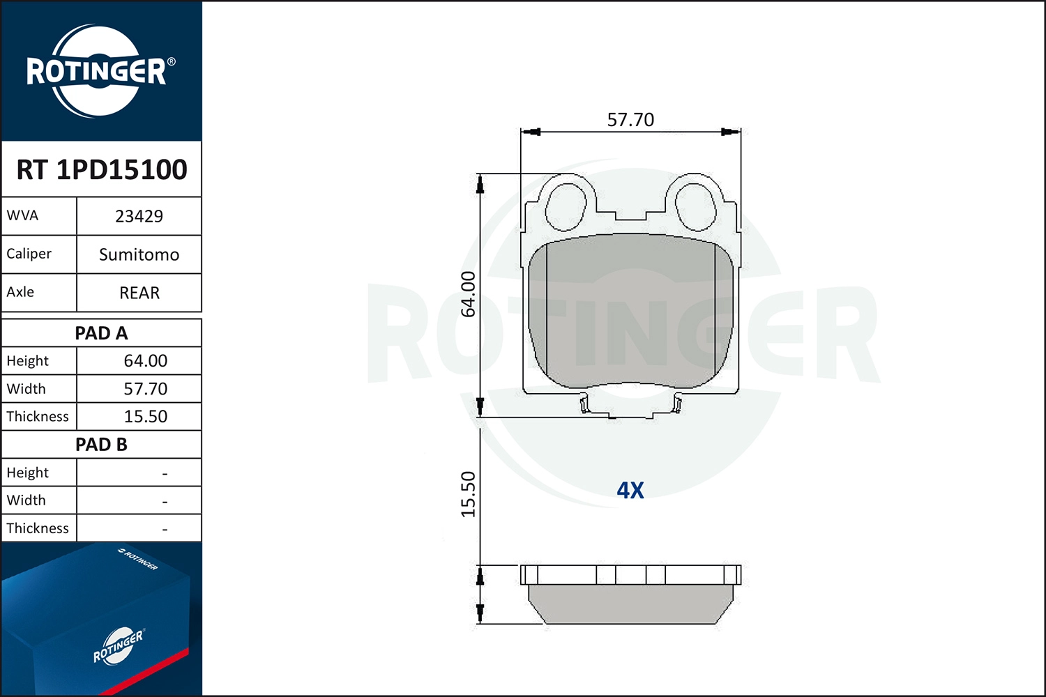 Комплект тормозных колодок дисковый тормоз ROTINGER RT 1PD15100