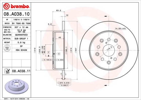 Тормозной диск prime line BREMBO 08.A038.10