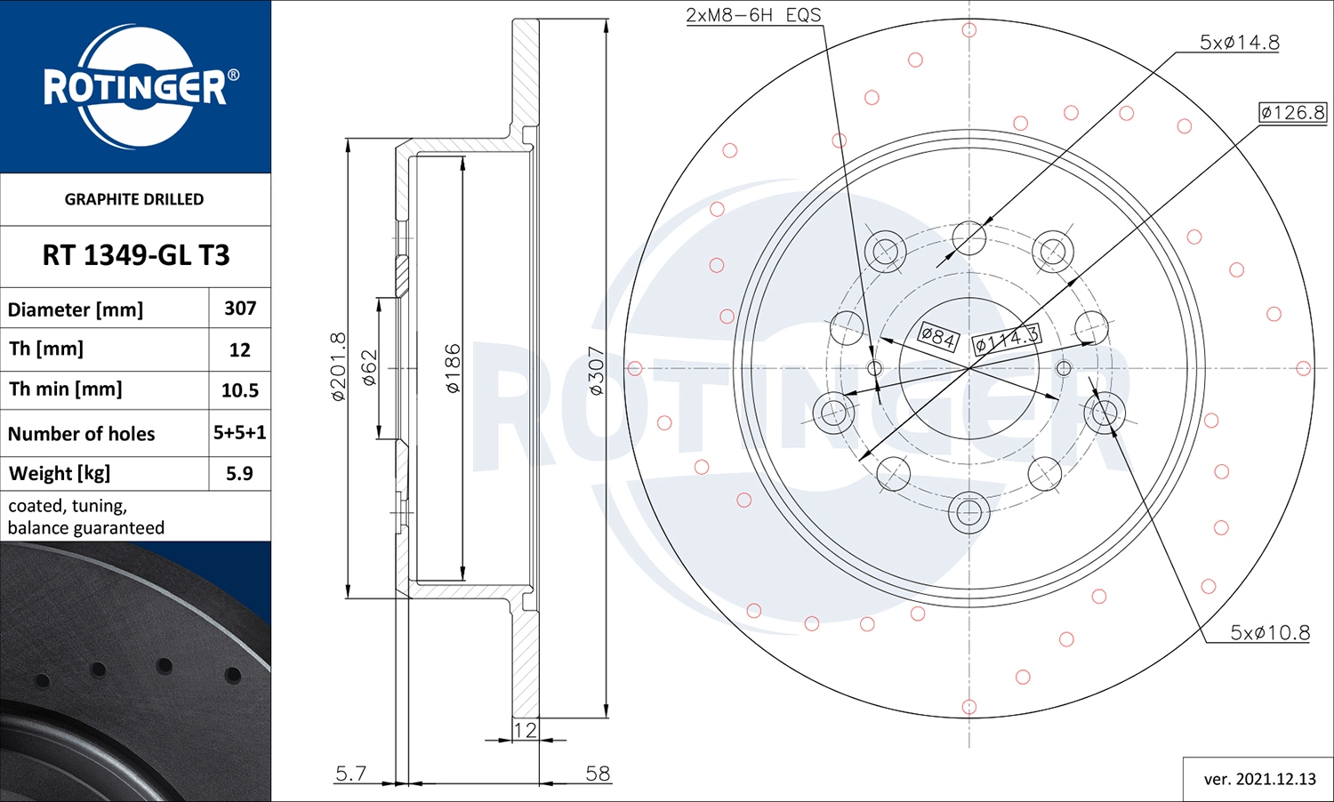 Тормозной диск graphite drilled ROTINGER RT 1349-GL T3