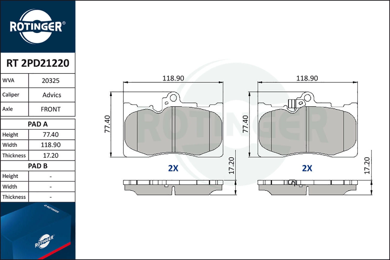 Комплект тормозных колодок дисковый тормоз ROTINGER RT 2PD21220