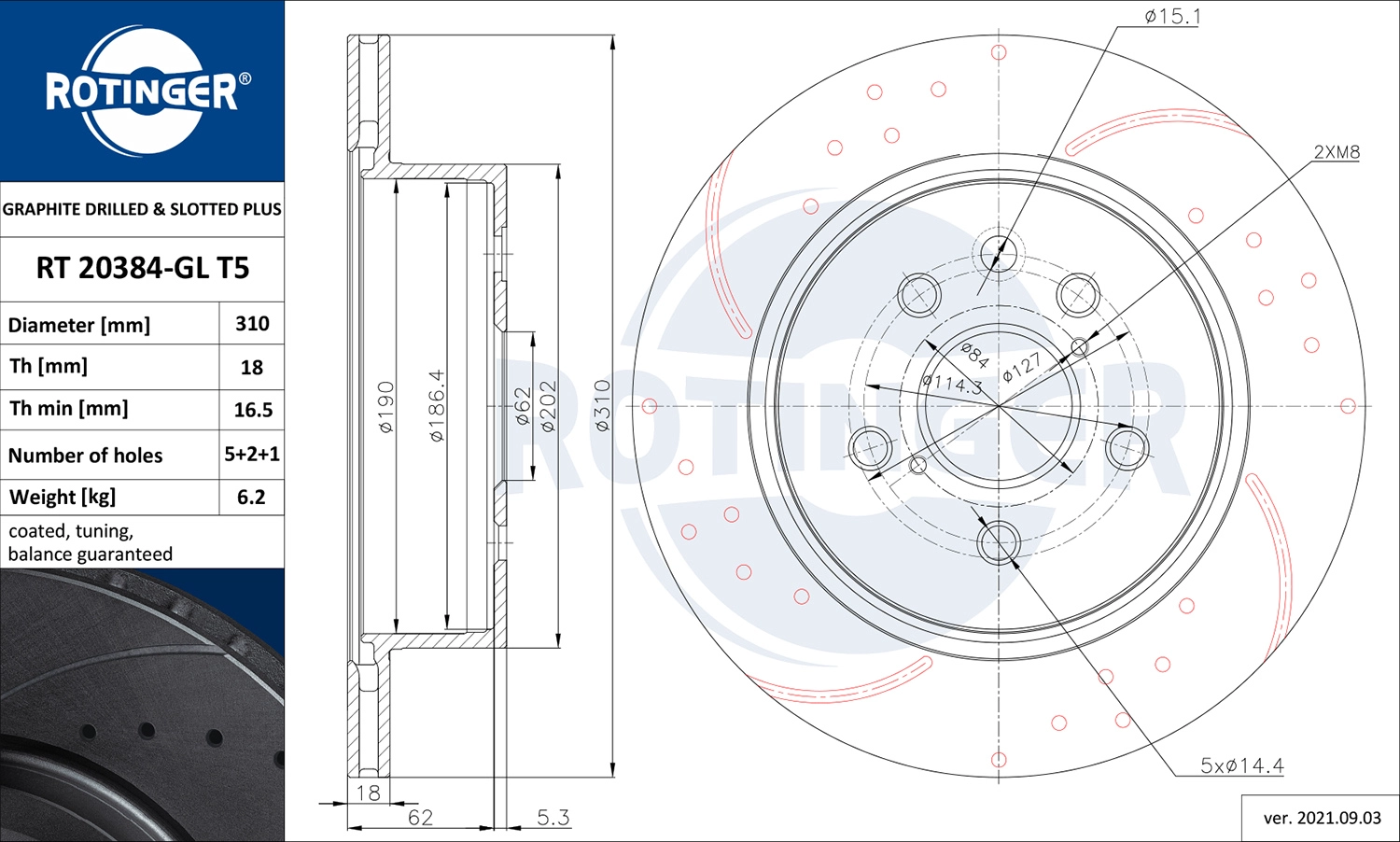 Тормозной диск graphite drilled slotted plus ROTINGER RT 20384-GL T5