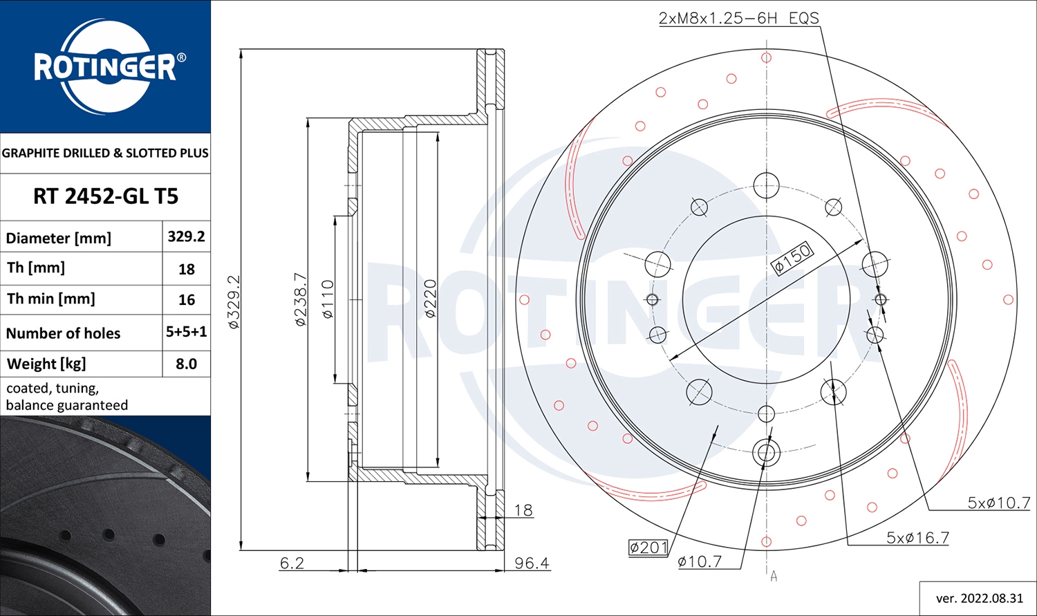 Тормозной диск graphite drilled slotted plus ROTINGER RT 2452-GL T5