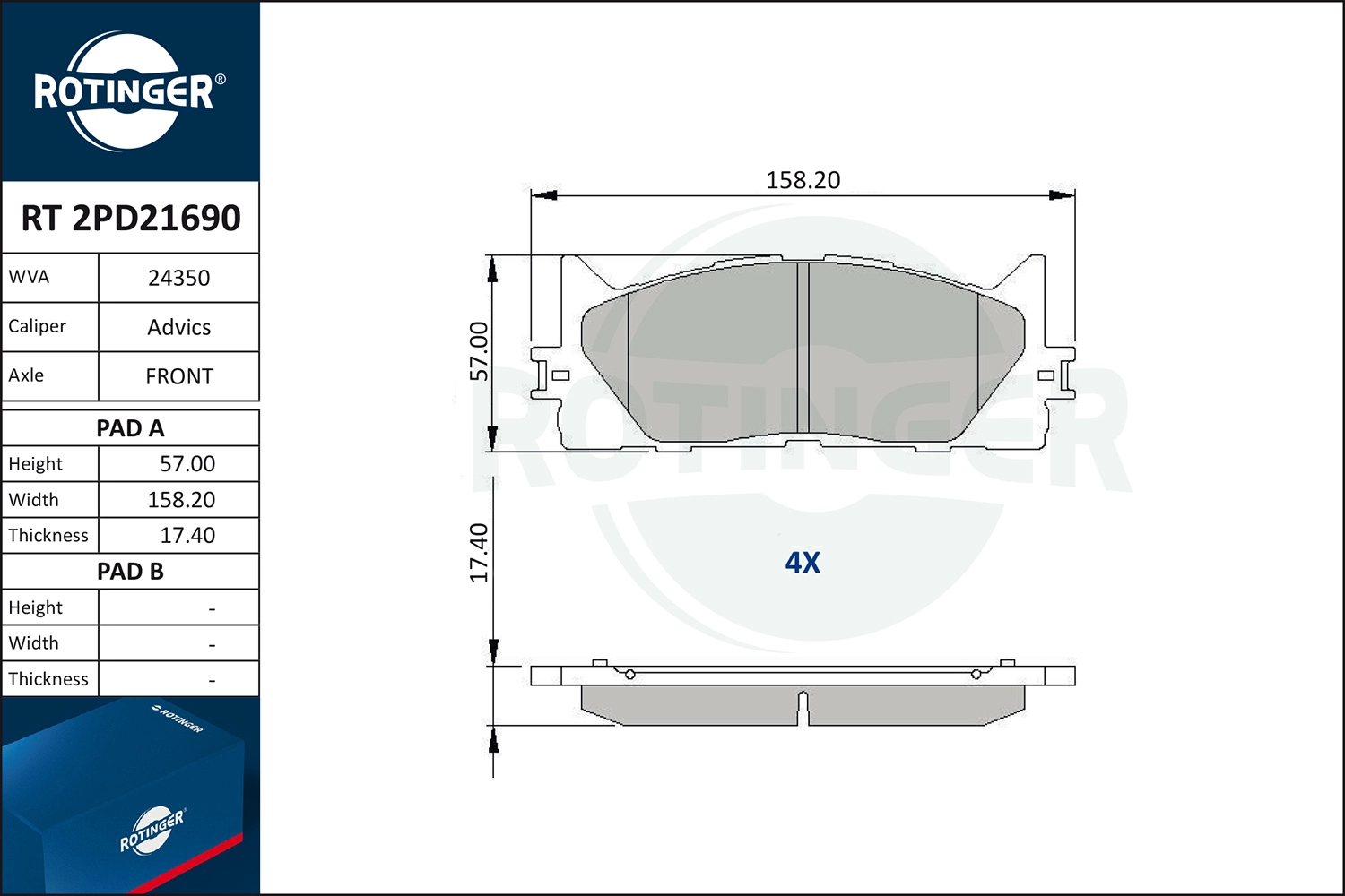 Комплект тормозных колодок дисковый тормоз ROTINGER RT 2PD21690