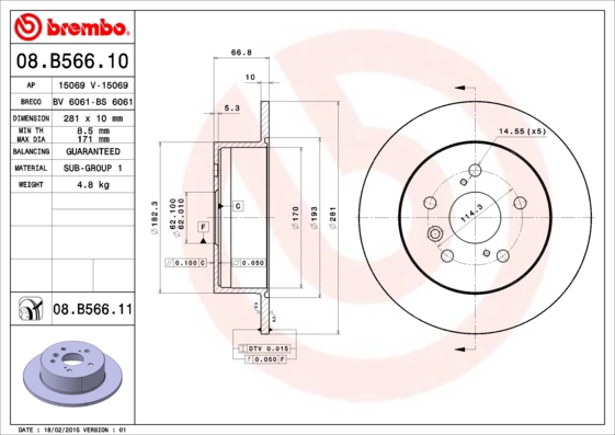 Тормозной диск prime line BREMBO 08.B566.10