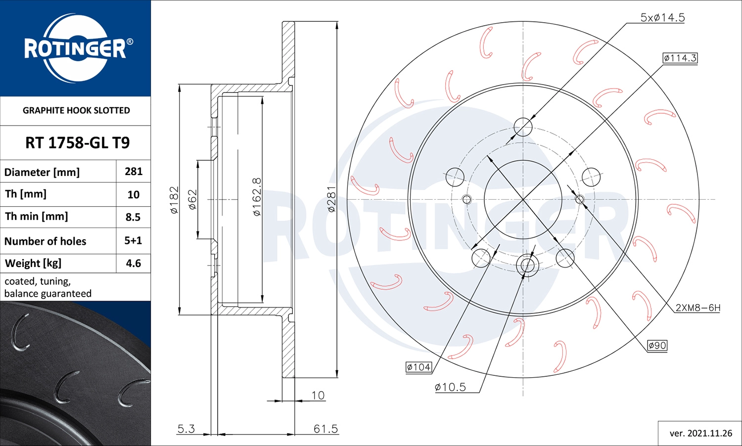 Тормозной диск graphite hook slotted ROTINGER RT 1758-GL T9