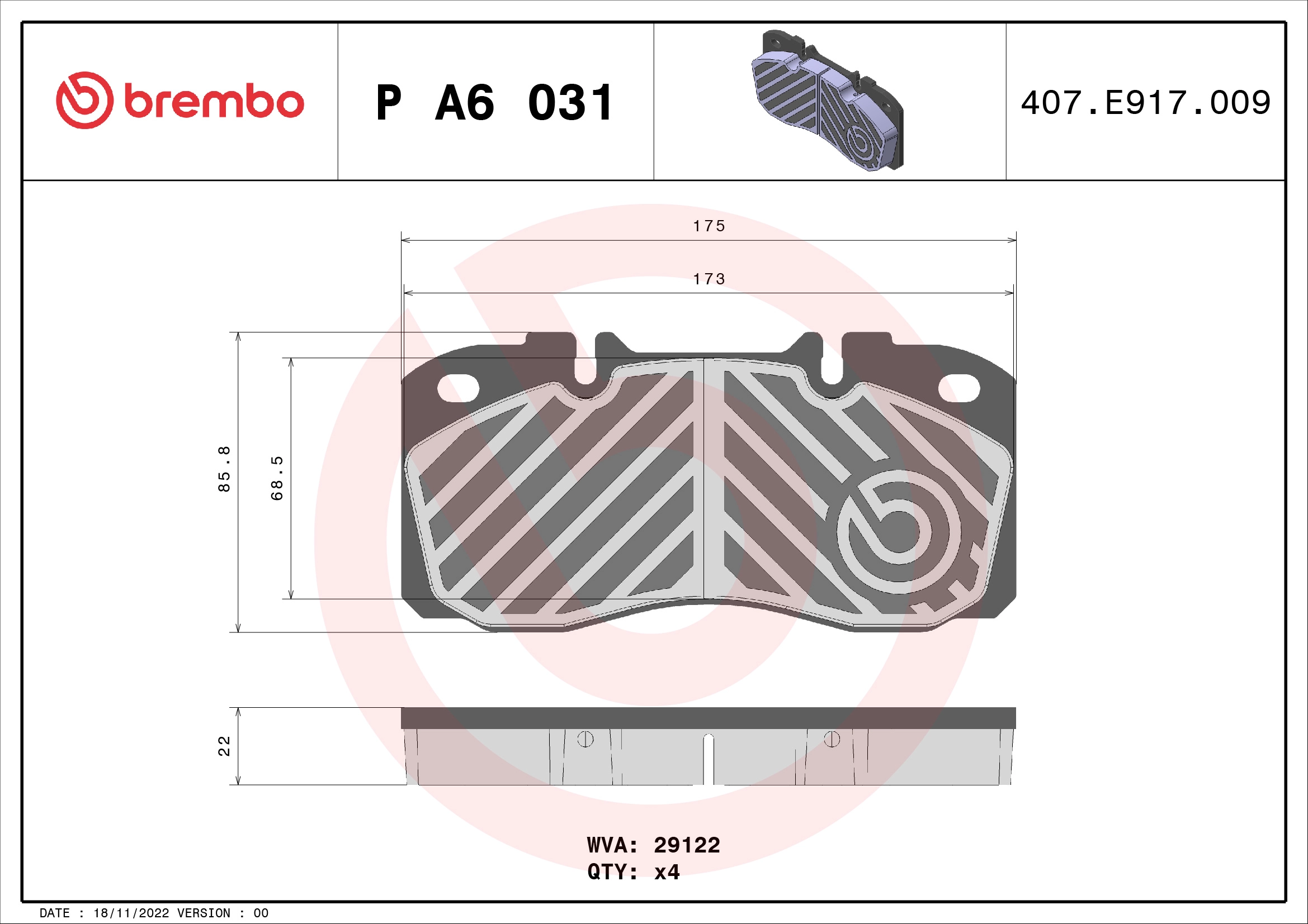 Комплект тормозных колодок дисковый тормоз prime line BREMBO P A6 031