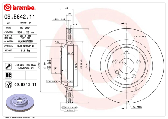 Тормозной диск prime line - uv coated BREMBO 09.B842.11