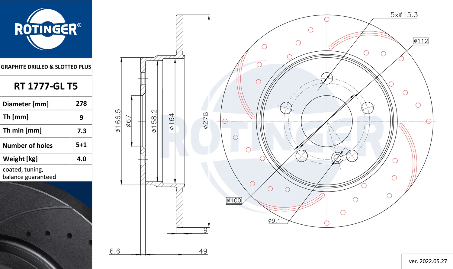 Тормозной диск graphite drilled slotted plus ROTINGER RT 1777-GL T5
