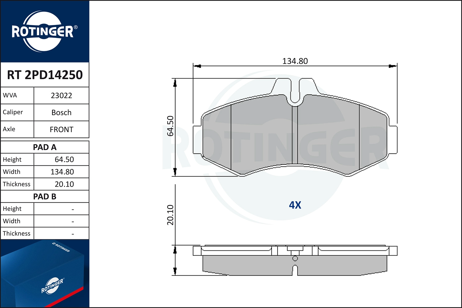 Комплект тормозных колодок дисковый тормоз ROTINGER RT 2PD14250