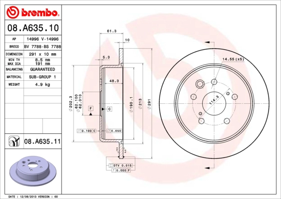 Тормозной диск prime line BREMBO 08.A635.10