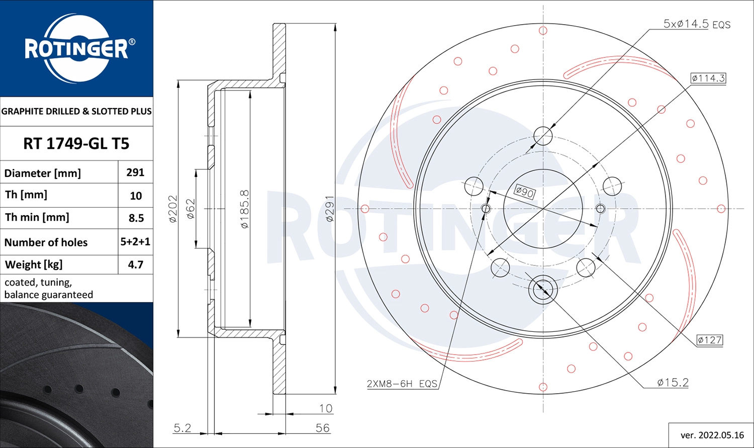 Тормозной диск graphite drilled slotted plus ROTINGER RT 1749-GL T5