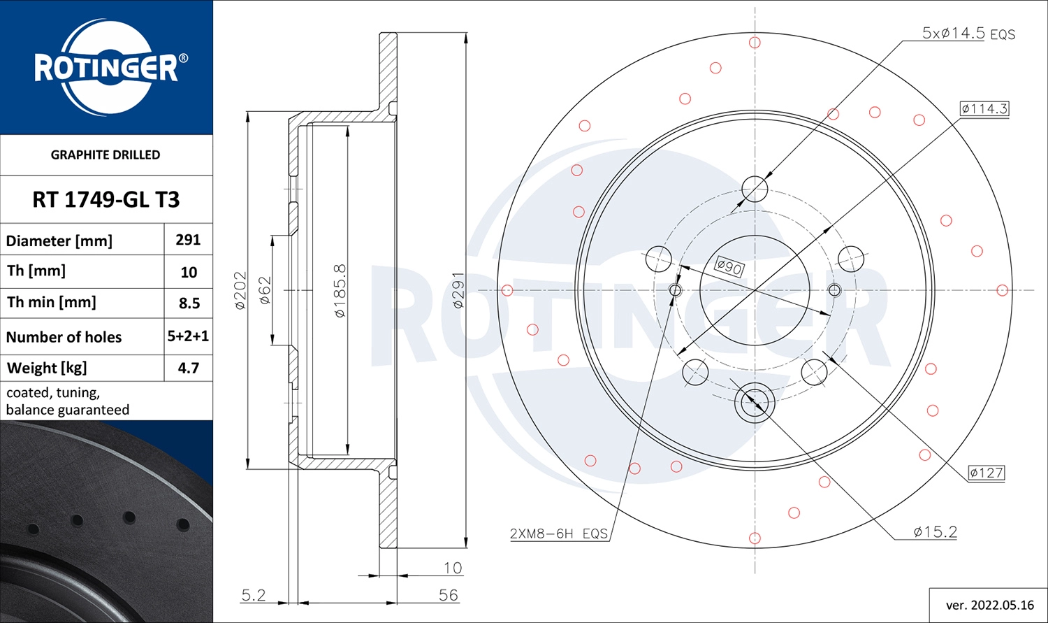 Тормозной диск graphite drilled ROTINGER RT 1749-GL T3
