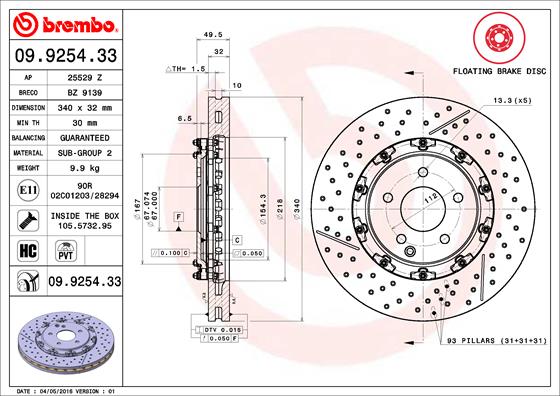 Тормозной диск prime line - floating BREMBO 09.9254.33