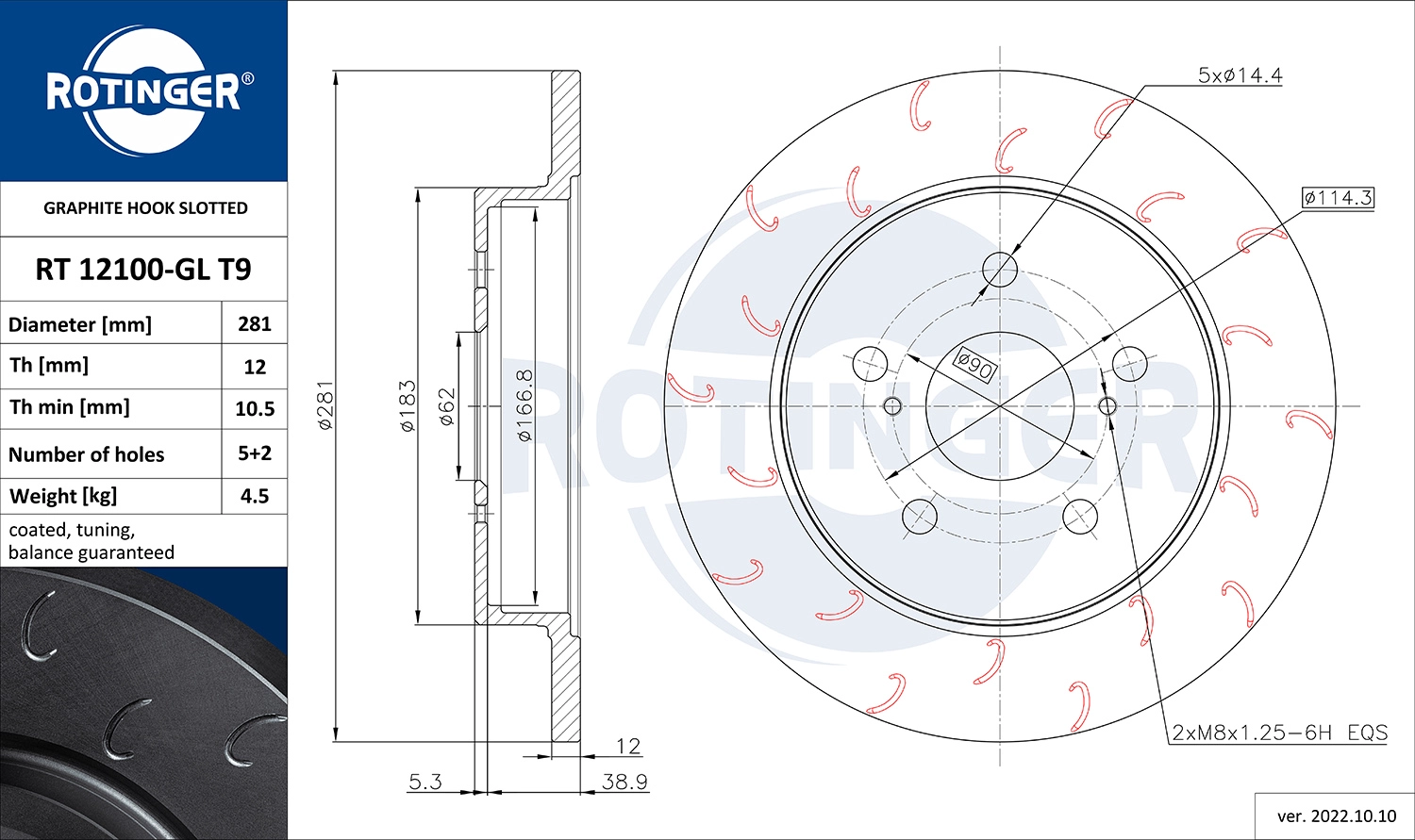 Тормозной диск graphite hook slotted ROTINGER RT 12100-GL T9