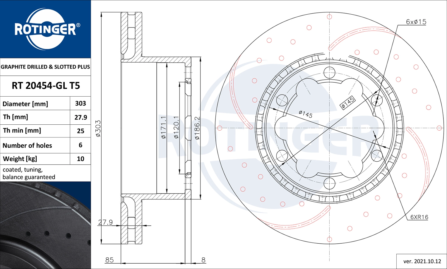 Тормозной диск graphite drilled slotted plus ROTINGER RT 20454-GL T5