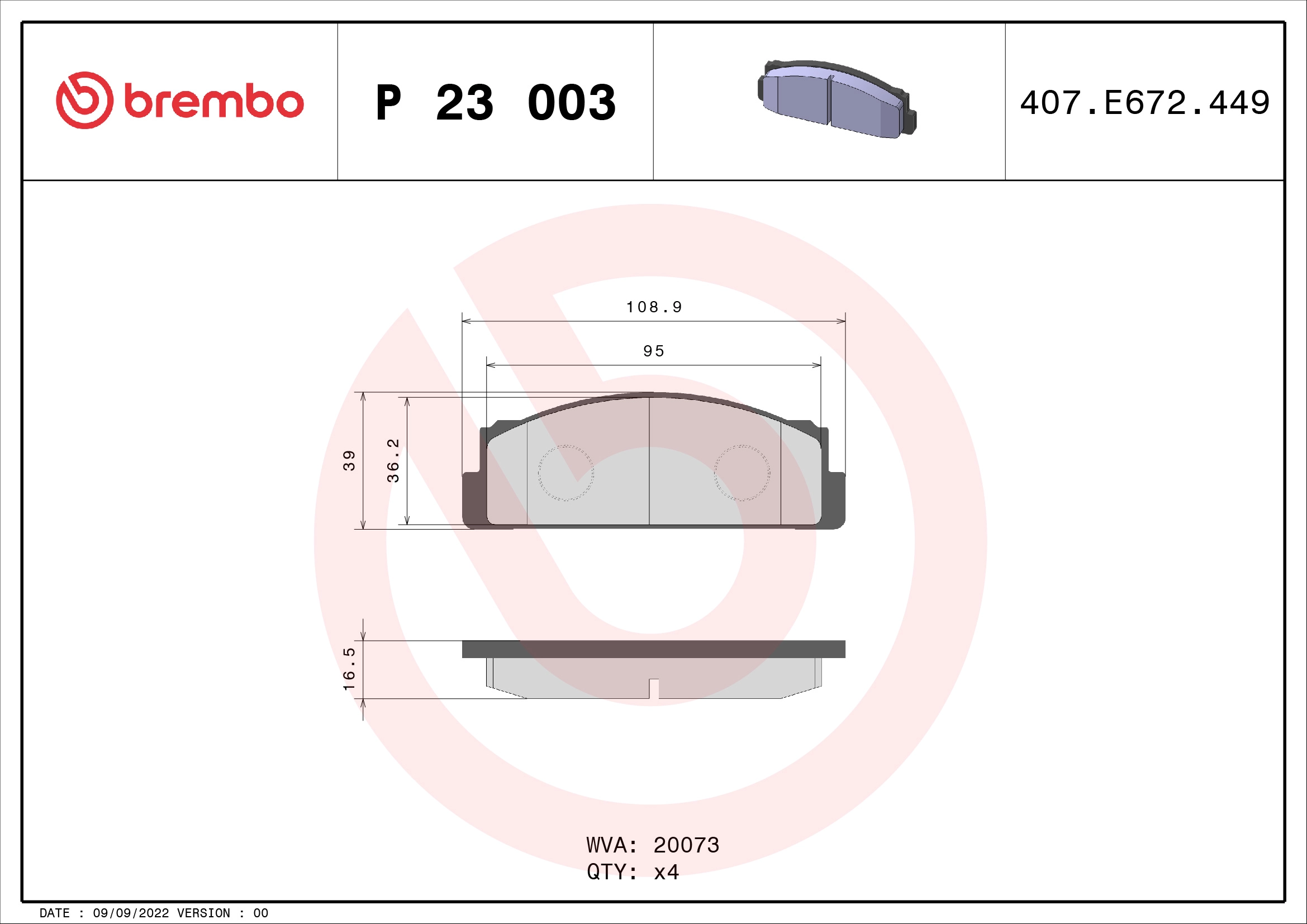Комплект тормозных колодок дисковый тормоз prime line BREMBO P 23 003