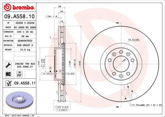 Тормозной диск prime line BREMBO 09.A558.10